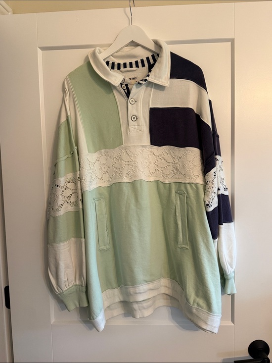 We The Free Tops - We The Free Green White Navy Lace-Trim Rugby Sweatshirt